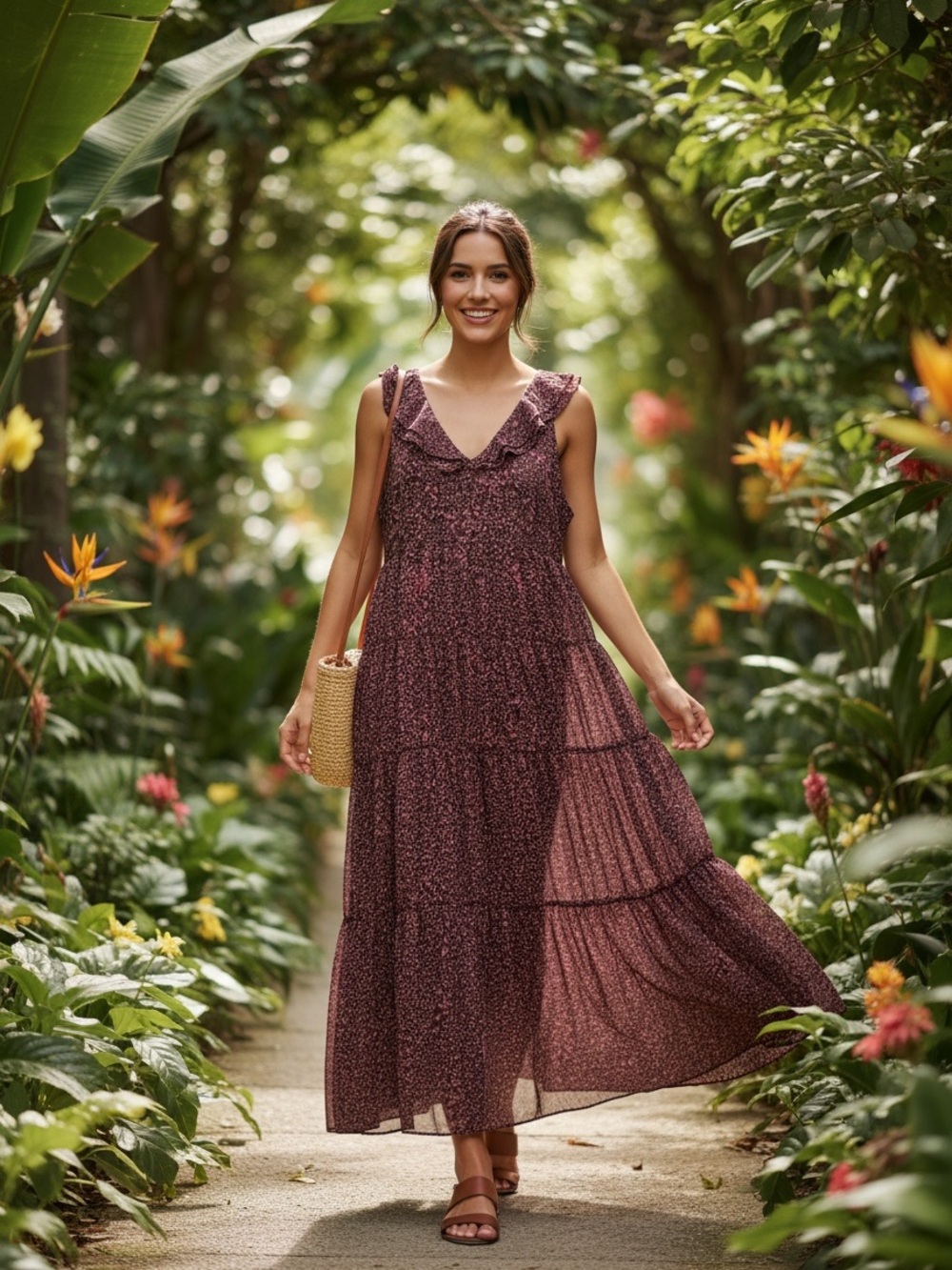 Chelsea28 Plum Floral Ruffle-Shoulder Maxi Dress - Picture 9 of 13